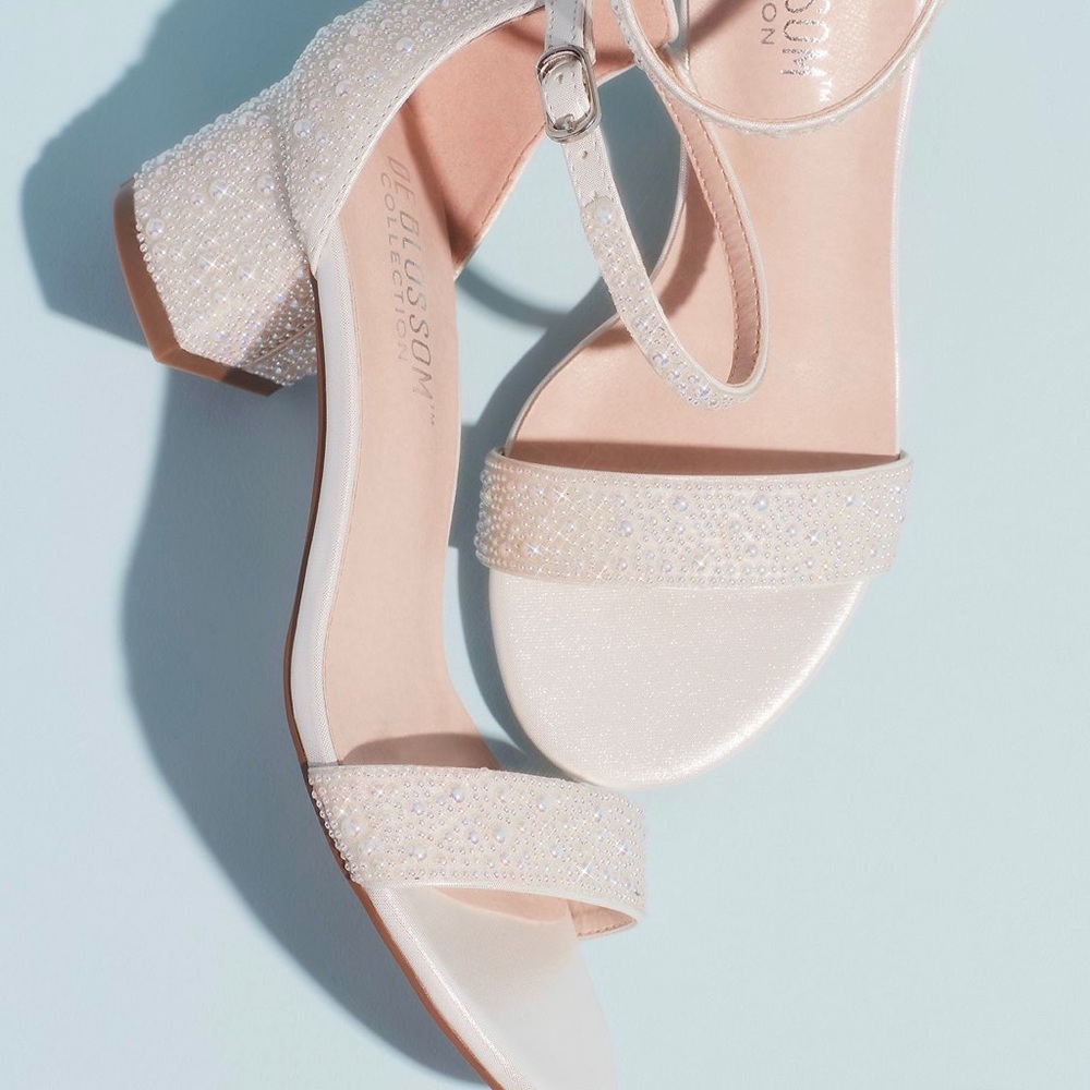 David’s Bridal ALLOVER IRIDESCENT PEARL LOW BLOCK HEEL SANDALS